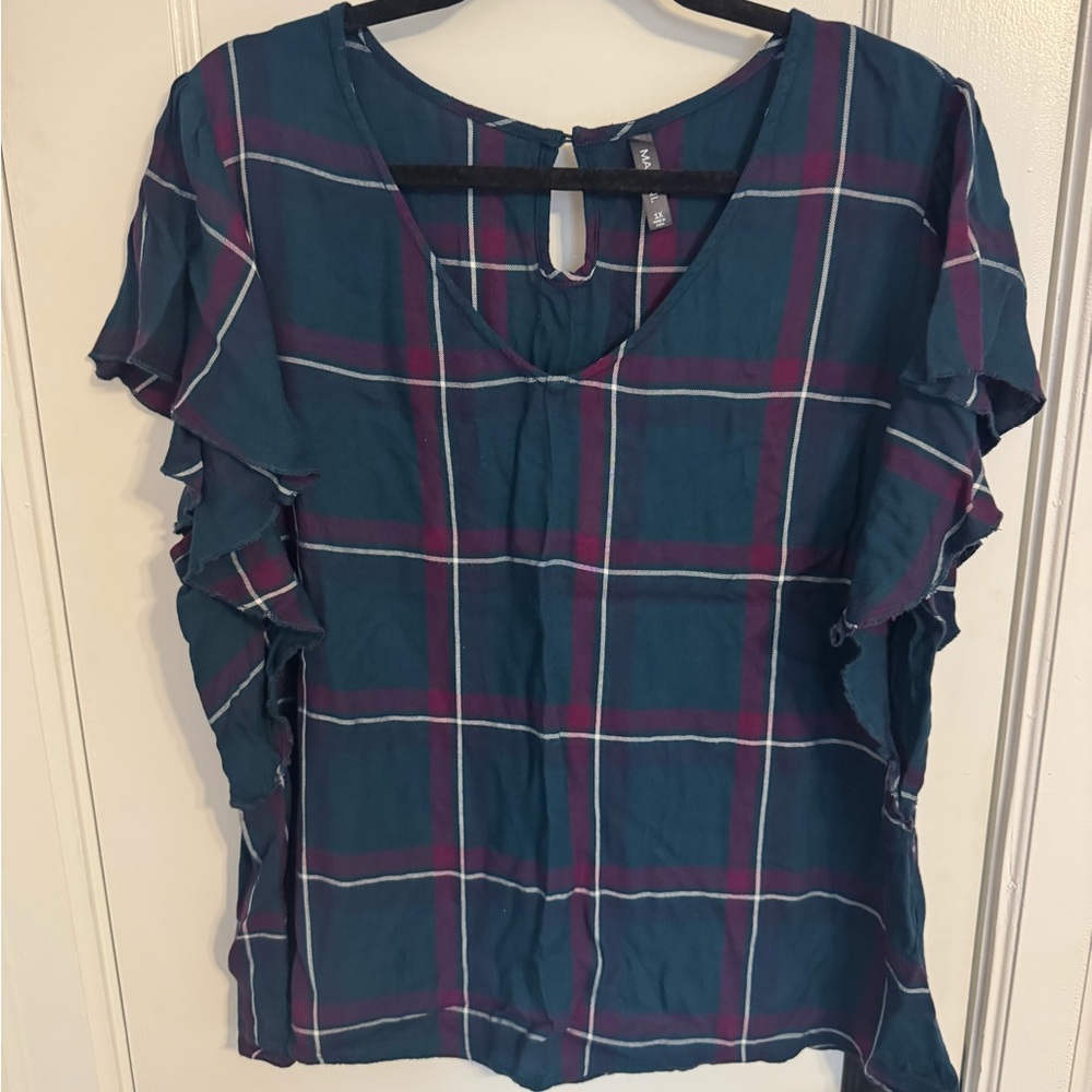 Massini Blue and Pink Flutter Sleeve Blouse